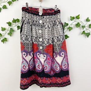 Moi black orange paisley print knee length button skirt